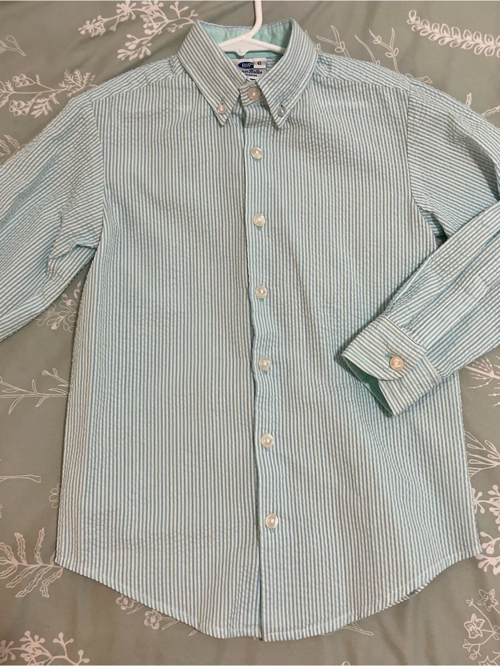 Beaux texas Belles NO Boys Seersucker Button-Down Shirt Sz 6 White Mint Blue